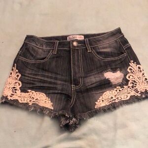 Almost Famous raw hem distressed dark denim jean shirt size 5